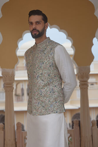 Avir Aari Embroidered Silk Nehru Jacket - Sage, Sage, image 4